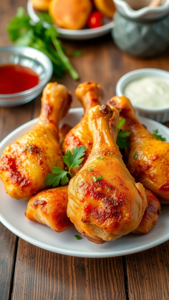 Crispy oven-baked chicken drumsticks on a plate, garnished with parsley, with dipping sauce and vegetables on a wooden table.